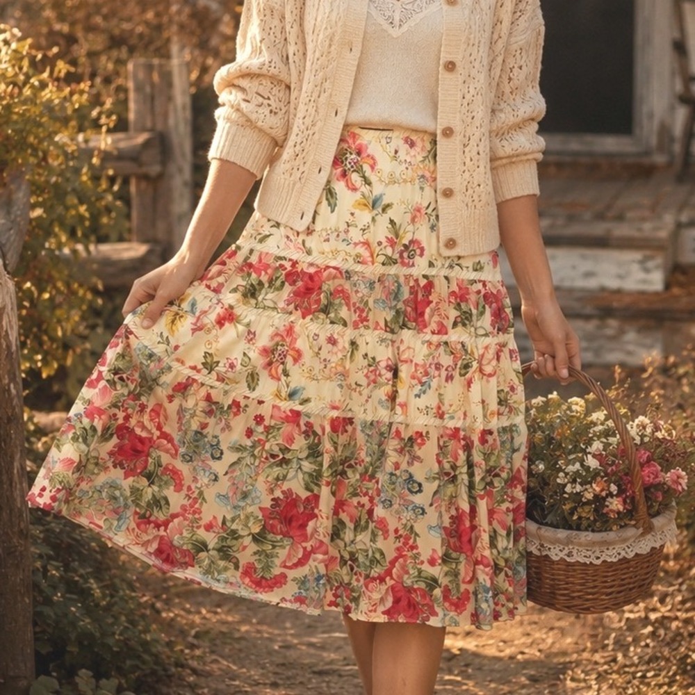 Bandolino Women Floral Tiered Midi Skirt Cotton Cottagecore Cream Red Size 14 Z9